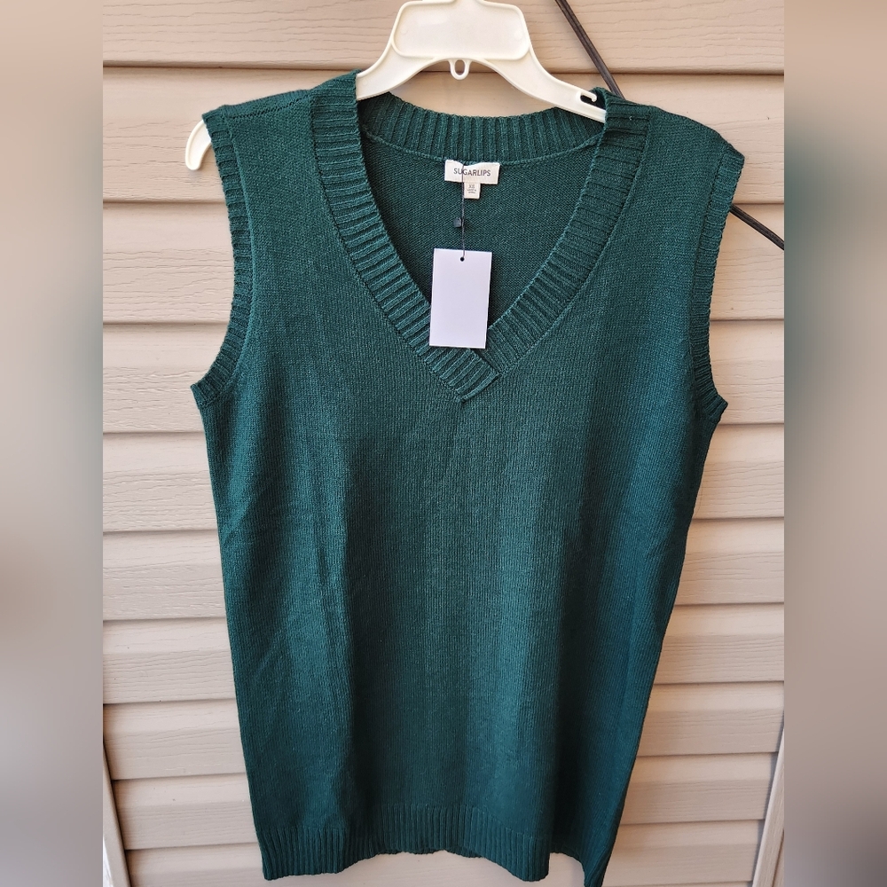 NWT Sugar Lips Forest Green Sweater Vest Dress XS | Oversized Preppy Knit Mini